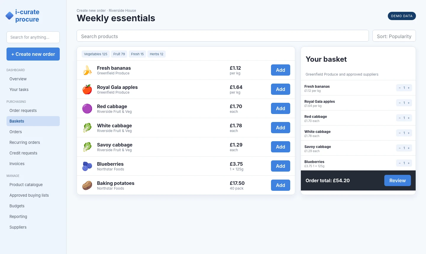 i-curate multi-supplier ordering screen