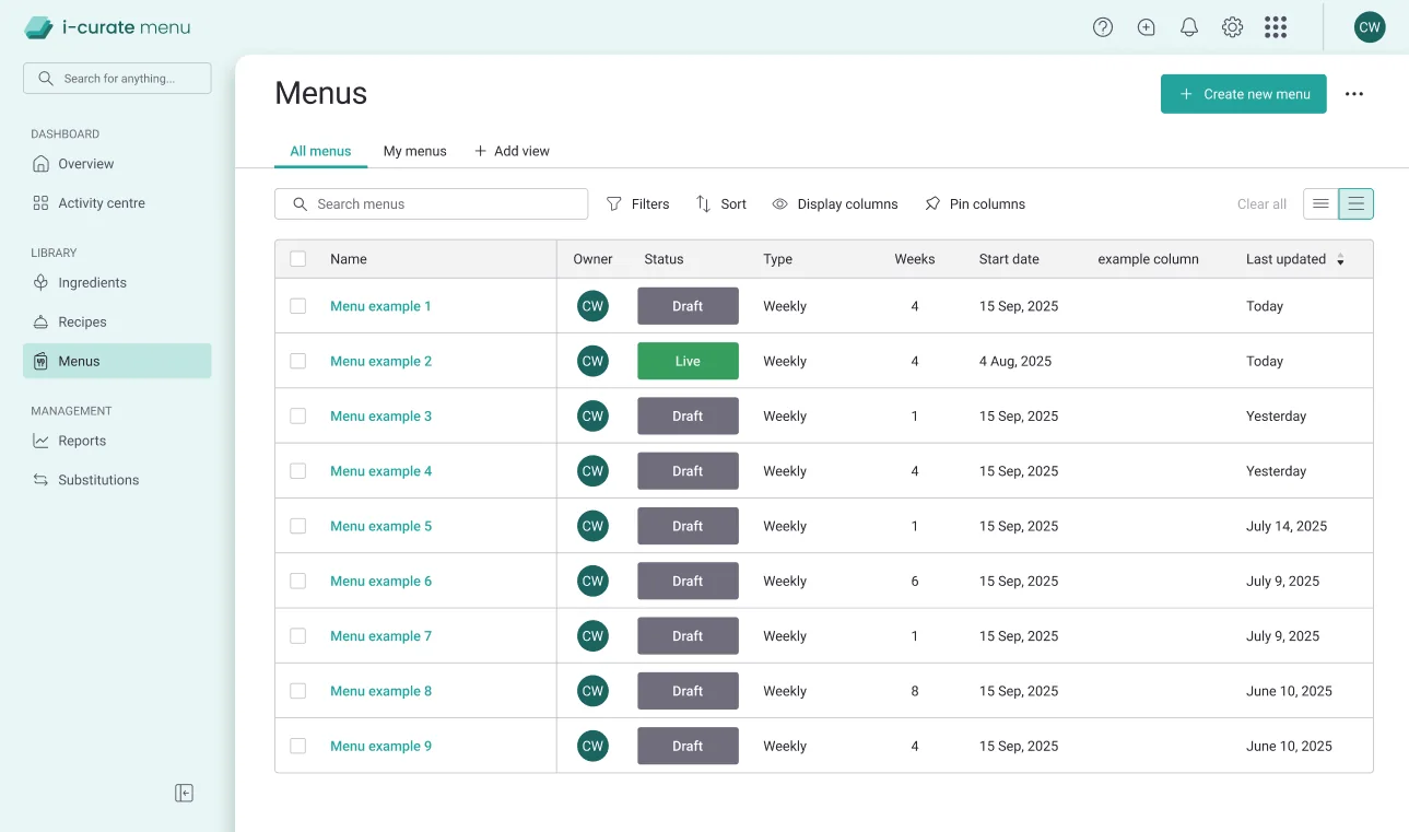i-curate menu management screen
