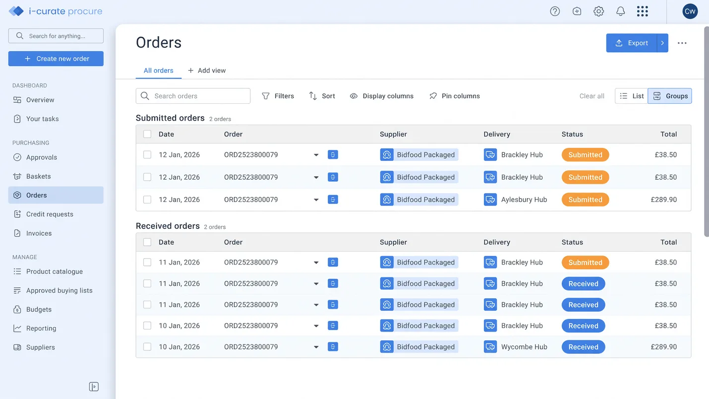 i-curate orders and approval status screen