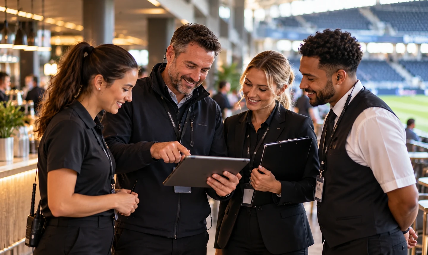 Stadium operations team reviewing plans on a tablet