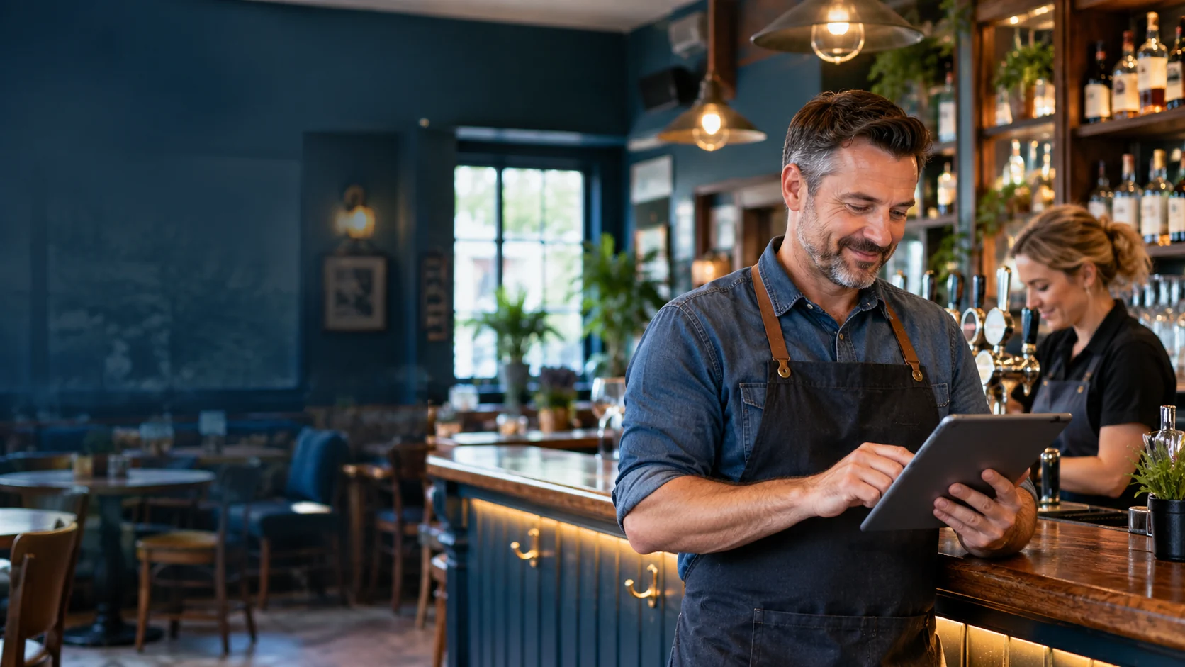 Pub operator using a tablet at the bar